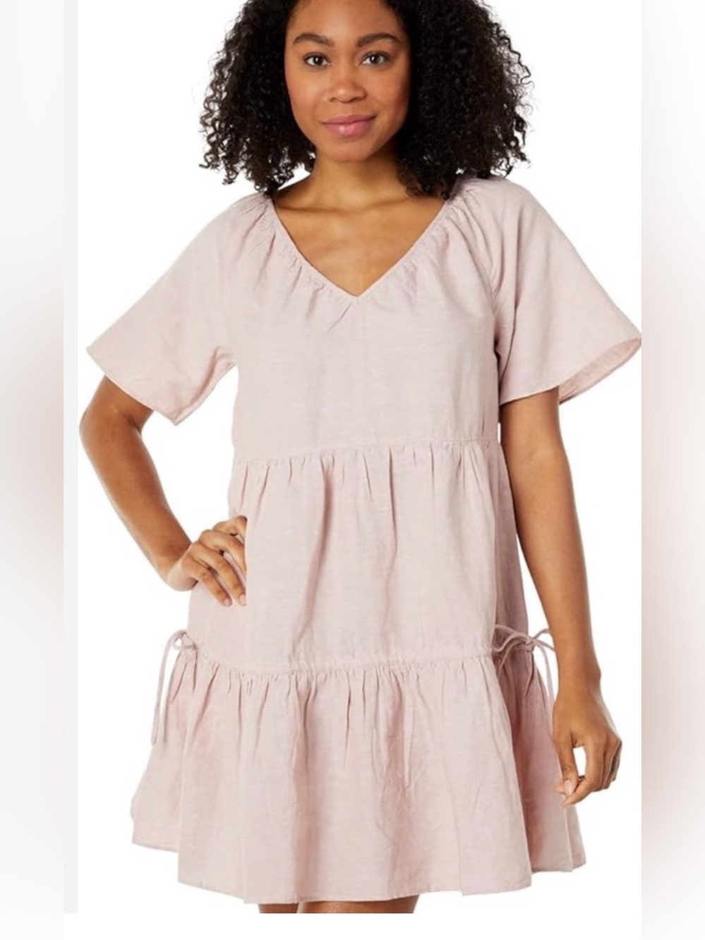 Madewell Dusty Rose‎ Tiered V-Neck Cotton Linen Blend Dress New Size M